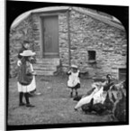 Victorian Children and Woman Feeding Hens on a Farm, Isle of Man by George Bellett Cowen